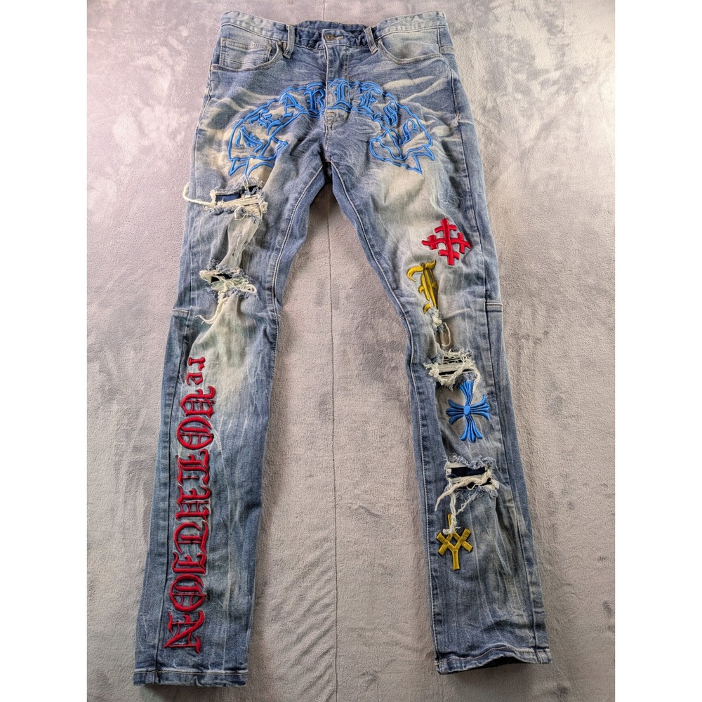 Smoke Rise Fearless Distressed Embroidered Jeans Blue Mens 34x34